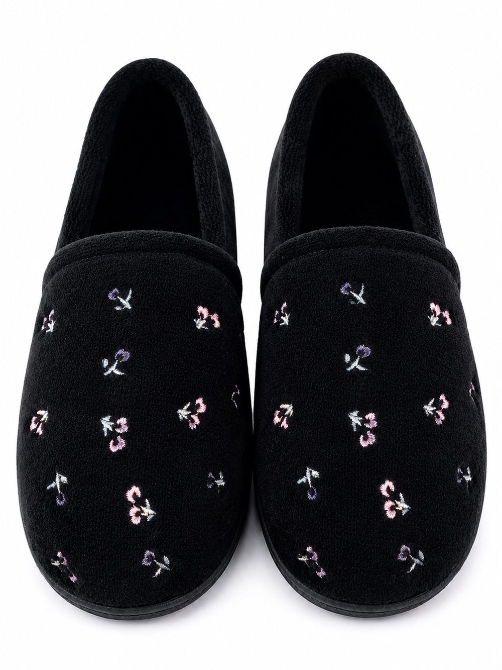 🆕 Isotoner Slippers Contour Step Floral Embroidered Top Microterry Black 7.5-8